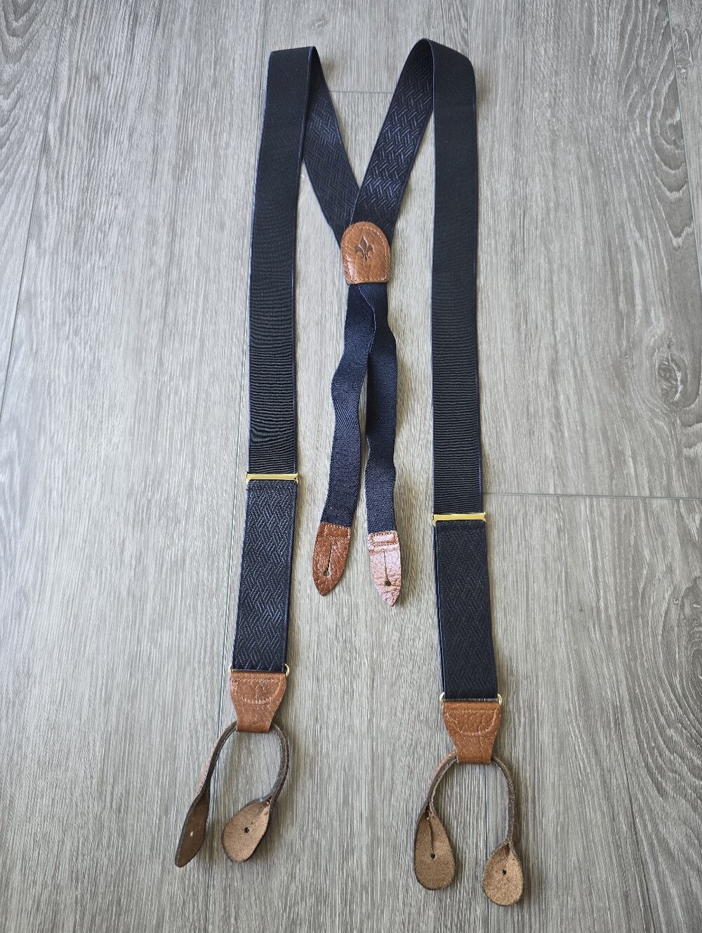 Navy Herringbone Leather Button End Suspenders Braces Y-Back Genuine Leather